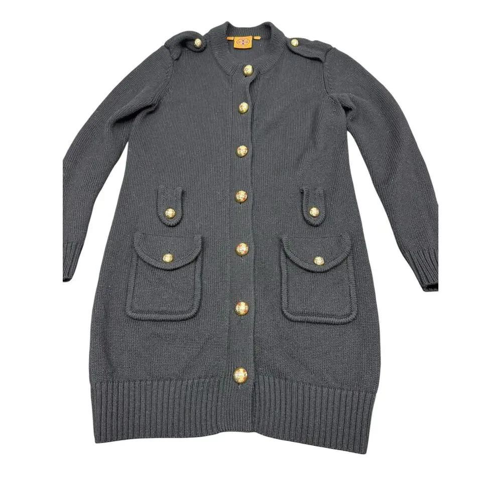 Tory Burch Long 100% Wool Cardigan Coat XL Black Gold Logo Buttons